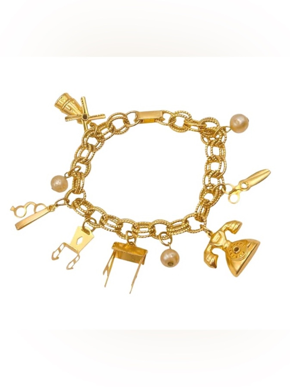 Vintage Gold Tone Eclectic Objects Charm Bracelet
